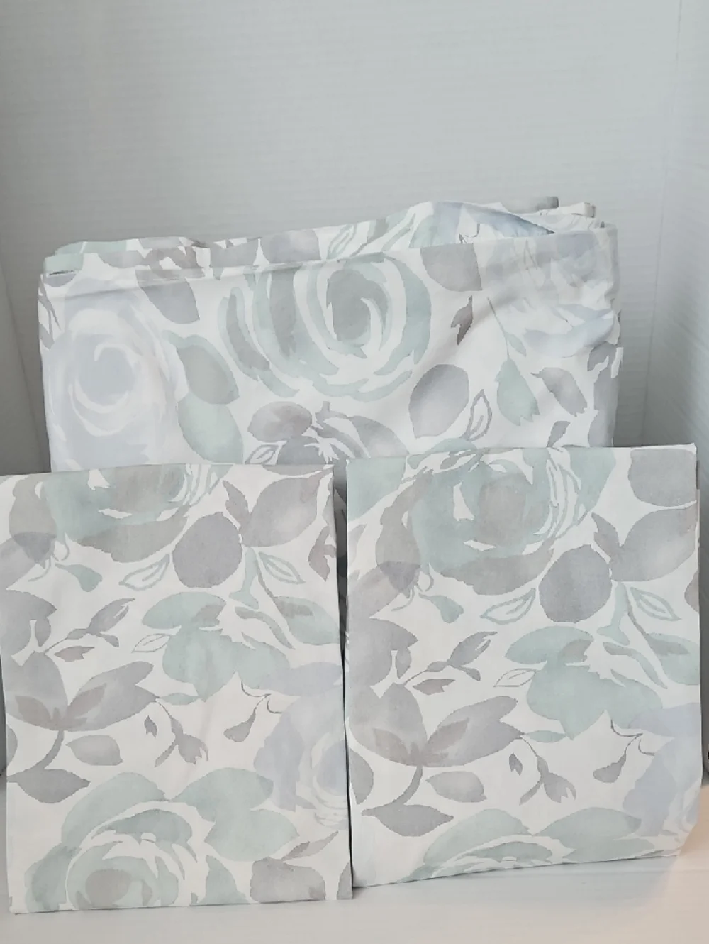 Garnet Hill Mint Green Gray Floral Watercolor Cotton King Duvet Pillowcases Set
